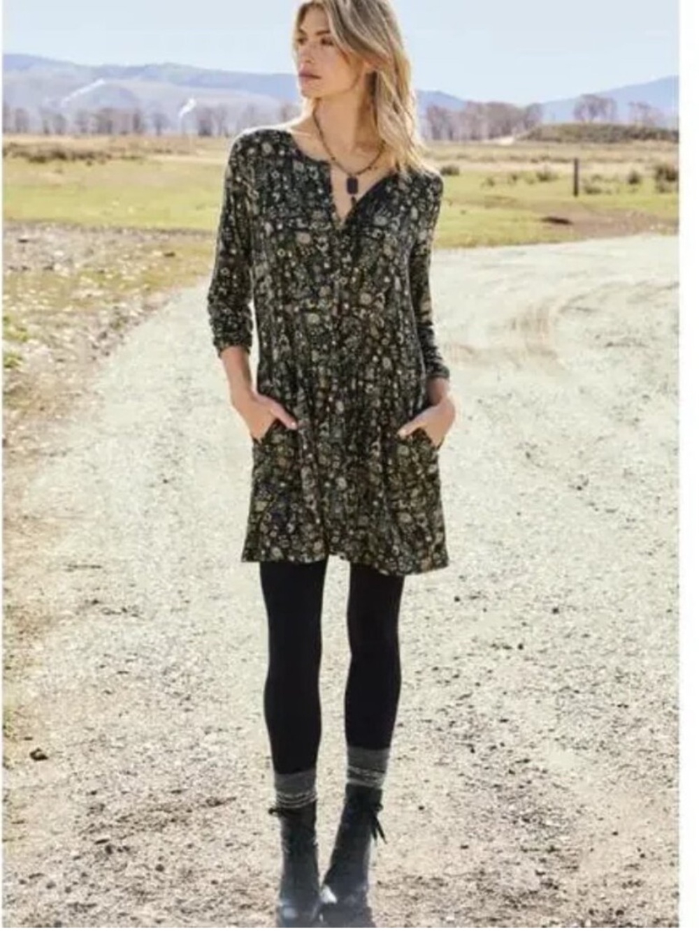 Peruvian Connection Alpine Floral V-Neck Mini Dress Tunic Cotton Modal